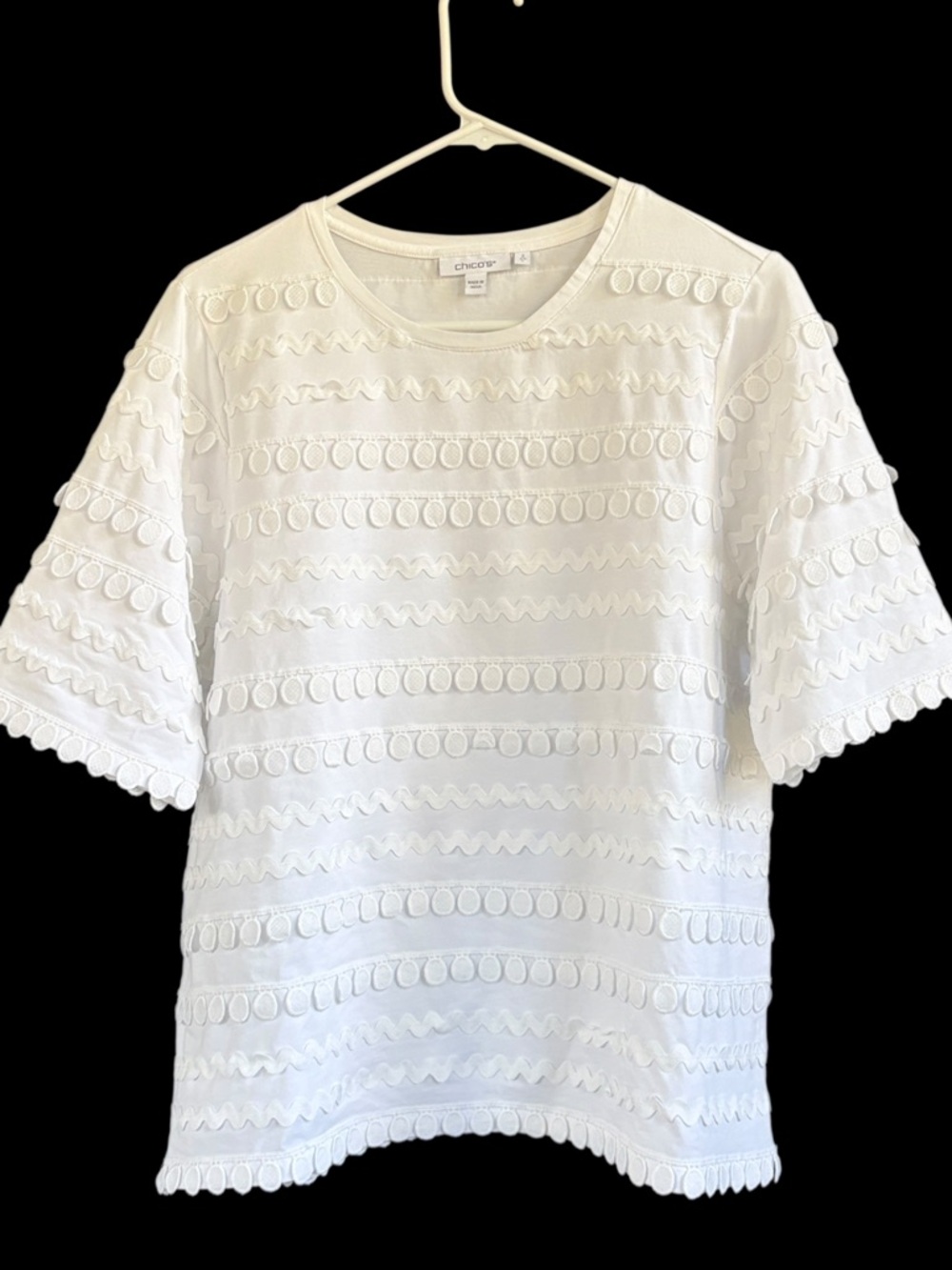 EUC Chico’s Ric Rac Dot Short Sleeve Top White Size Large